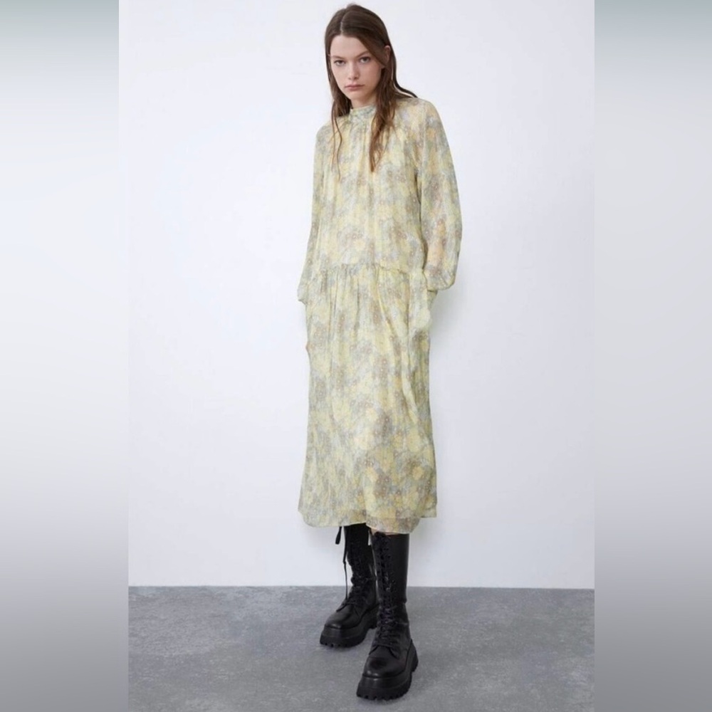 NWT Zara Maxi Yellow/Green Mock Neck Bishop Sleeve Dress